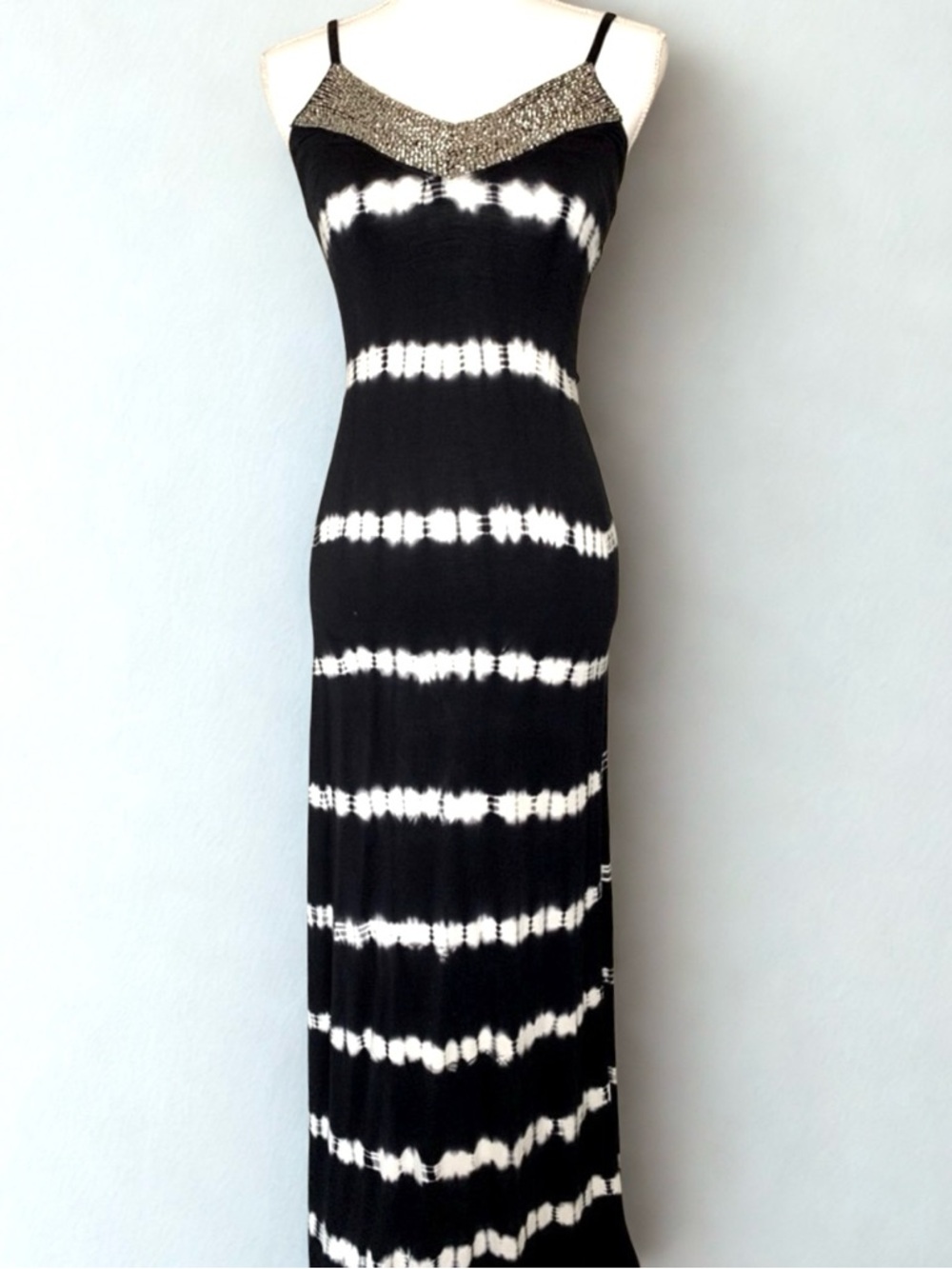 INC Beaded Spaghetti Strap Maxi Dress Black and White Tie Dye.  Size XS